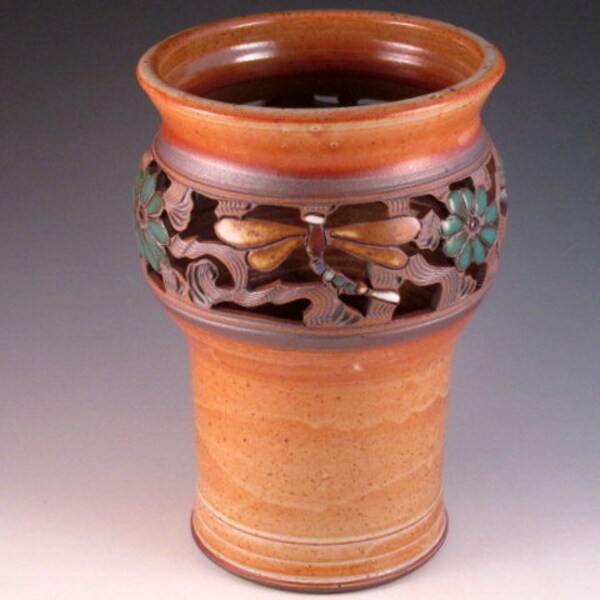 Tall Vase with Lovely Soft Brown Glaze, Cutouts, Dragonflies, Flowers, Swirl Design, Ready To Ship