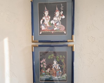 Paire de peintures sur soie thaïlandaises encadrées vintage, œuvres d'art murales de musiciens asiatiques du milieu du siècle