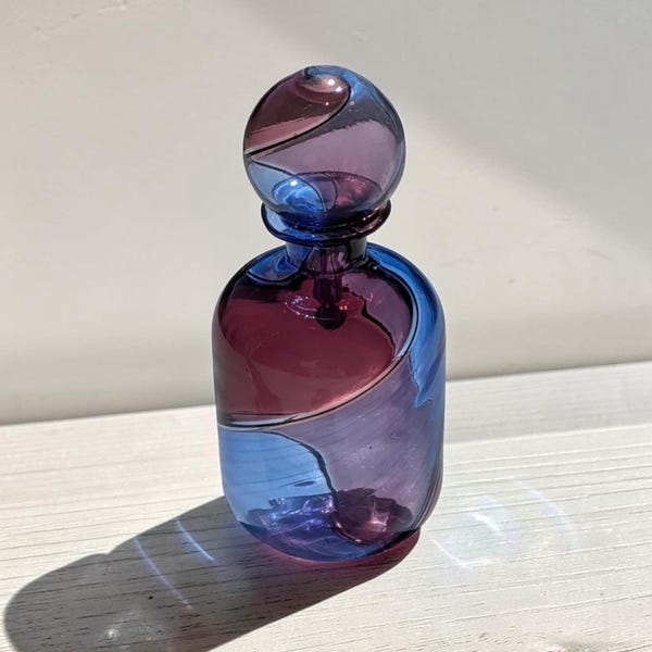 Vintage Perfume Bottle, Hand Blown Art Glass, Cobalt Purple Blue Swirl Vanity Decor