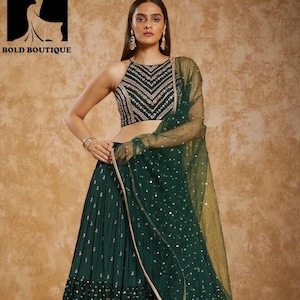 Dark green sangeet wear ruffle lehenga choli mehendi function reay to wear ghaghra choli bollywood style briadmaids reception wear treandy