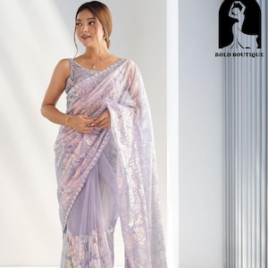 Sari para fiesta de bodas indias, listo para usar, sari morado claro de red suave para mujeres, sari funcional perfecto, sari Haldi