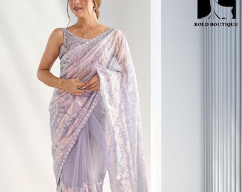 Indian Wedding Party Wear Saree ridesmaids Ready To Wear Saree Light Purple Soft Net Saree For Women Perfect Function Wear Saree Haldi Wear