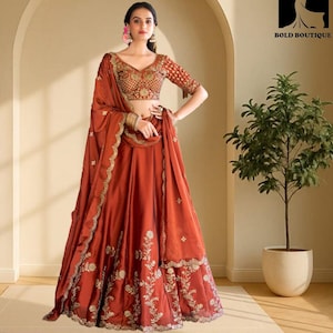 Rost orange farbe rangoli seide lehenga choli ethnischen tragen ghaghra choli party wear lahanga choli indische hochzeit funktion lahanga choli readyto