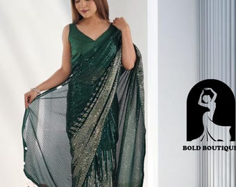 Green Saree For Women: Georgette Sequence Embroidery Work Saree Party reception Wear Saree Indian wedding saree