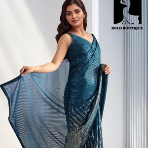 Bridesmaids Ready To Wear Sari Amazing Teal Blue Georgette Saree For Women Traditional Wear Sari With Blouse Bollywood Style Saree