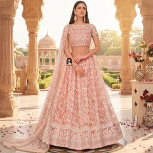 May include: A light pink embroidered lehenga choli set. The set includes a short-sleeved top and a long skirt with intricate floral patterns. A matching sheer dupatta completes the ensemble. The outfit is worn in a classical setting with architectural details.