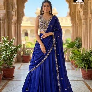 Silk Lehenga Choli For Women: Wedding Wear Embroidered Royal Blue Indian Outfit