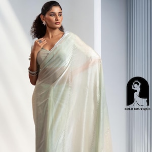 Joli sari fandy bicolore pour femme saris de style Bollywood, tenue de fête de mariage indienne, Sari Mehendi, sari spécial prêt à l'emploi, réception de sari