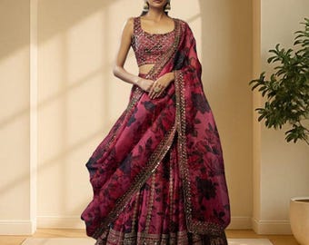 Rosa Lehenga Choli Oragnza broderad lehenga Choli lehenga för kvinnor sangeet kläder chaniya choli festkollektion brudtärna ghagara
