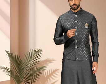 Conjunto de pijama kurta cinza para homens: conjunto koti-kurta para recepção, kurta bordado para casamento indiano com jaqueta nehru, roupa masculina