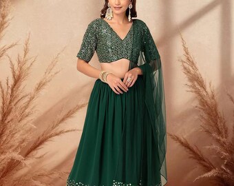Increíble Lehenga Choli Mehendi con bordado de secuencia verde para bodas, bodas indias, damas de honor, lehenga Ghagra Choli confeccionada para mujeres