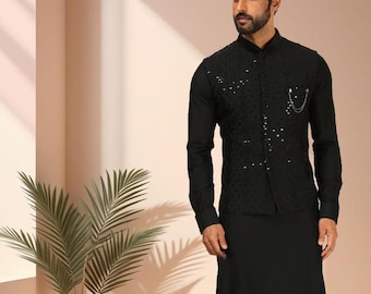 Conjunto de pijama kurta especial para casamento indiano preto para homens kurta bordado com jaqueta nehru roupa masculina festa koti kurta conjunto para homens