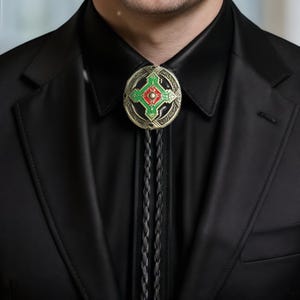 Handmade Geometric Bolo Tie: Antiqued Brass & Enamel, Adjustable Leather Cord