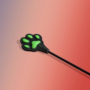 Op de afbeelding: Een zwarte pootvormige bedel met felgroene kussentjes, bevestigd aan een dun zwart koord. De bedel heeft een duidelijk ontwerp met vijf tenen, inclusief een centraal kussentje en vier kleinere teenkussentjes, allemaal in felgroen op zwart.
