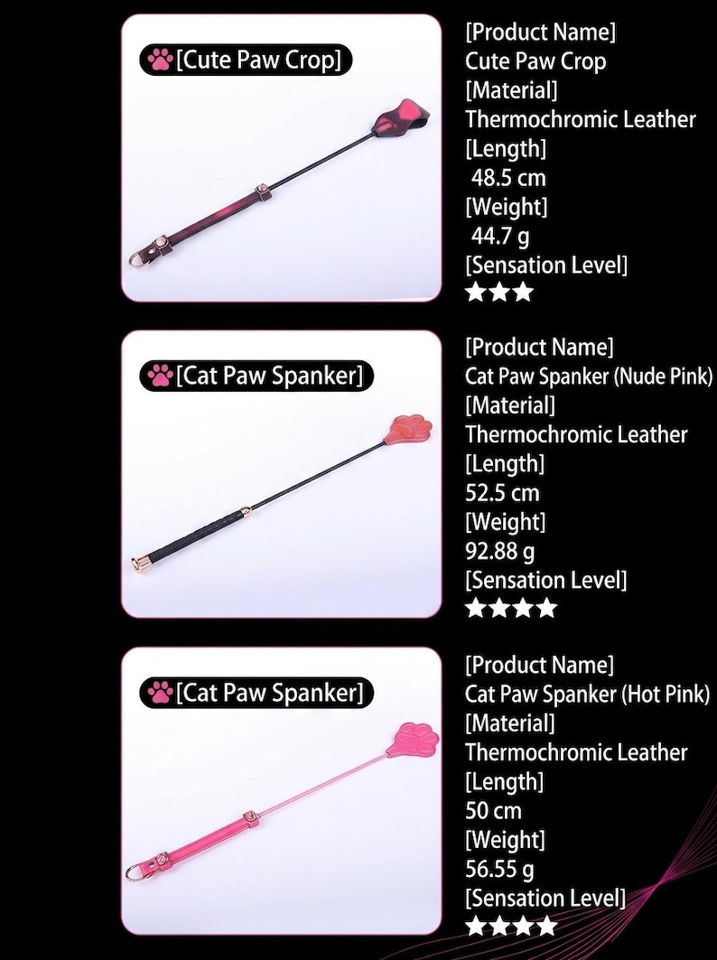 Op de afbeelding: Drie items van thermochroom leer: een 48,5 cm Cute Paw Crop van 44,7 g, een 52,5 cm Nude Pink Cat Paw Spanker van 92,88 g en een 50 cm Hot Pink Cat Paw Spanker van 56,55 g. Elk item heeft een uiteinde in de vorm van een pootje.