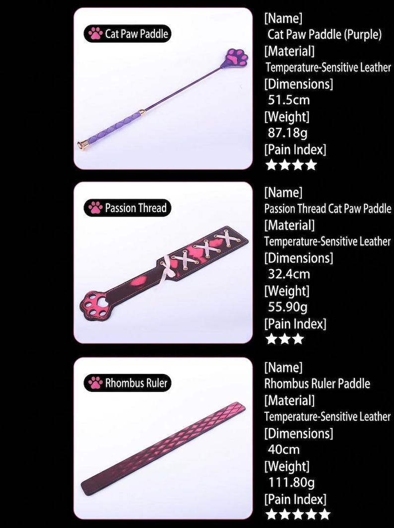 Op de afbeelding: Drie paarse en zwarte leren peddels genaamd Cat Paw Paddle van 51,5 cm en 87,18 g, Passion Thread Cat Paw Paddle van 32,4 cm en 55,90 g, en Rhombus Ruler Paddle van 40 cm en 111,80 g. Elk item is gemaakt van temperatuurgevoelig leer.