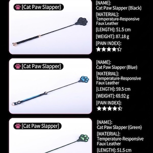 Op de afbeelding: Drie kattenpoot-meppers in zwart, blauw en groen. Elk item heeft een lange steel en een kop in de vorm van een poot. De specificaties vermelden lengtes van 51,5 cm en 59,5 cm, gewichten van 87,18 g en 69,92 g en een viersterren-pijnindex.