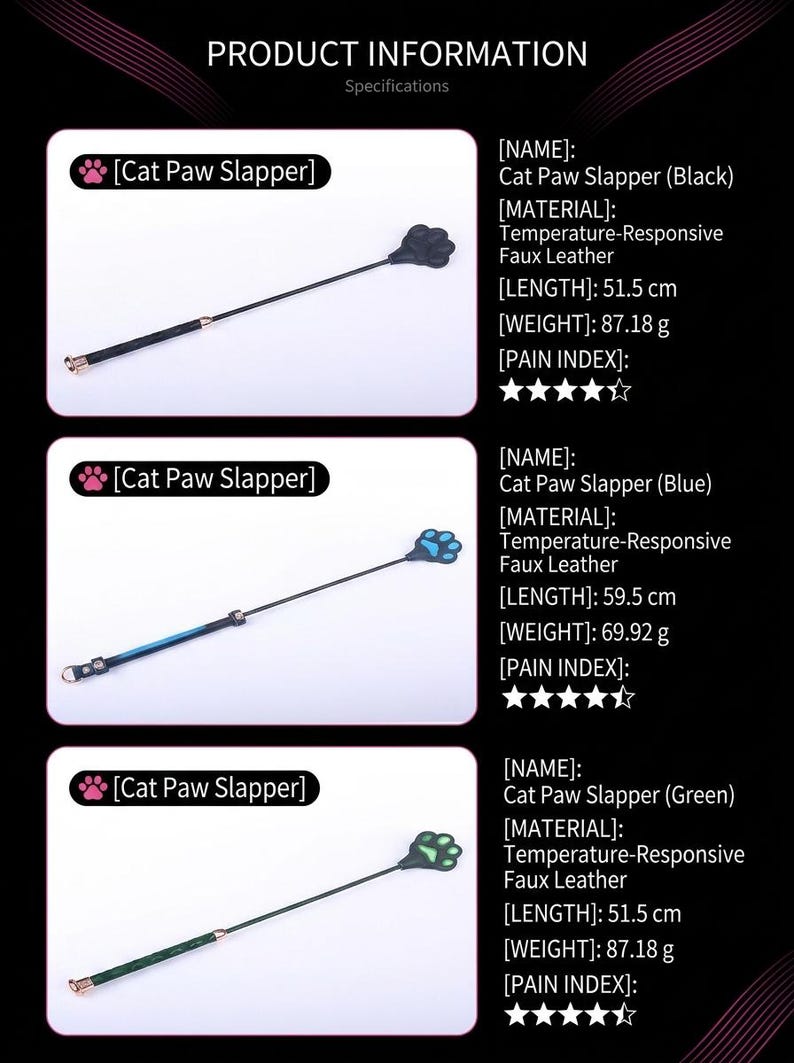 Op de afbeelding: Drie kattenpoot-meppers in zwart, blauw en groen. Elk item heeft een lange steel en een kop in de vorm van een poot. De specificaties vermelden lengtes van 51,5 cm en 59,5 cm, gewichten van 87,18 g en 69,92 g en een viersterren-pijnindex.