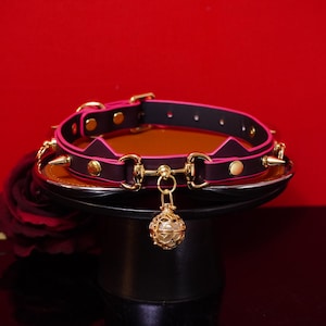 Pu&ograve; includere: Un collare nero e rosa con elementi dorati. Il collare presenta un design a orecchie di gatto, borchie appuntite e una campanella dorata pendente. Il collare &egrave; esposto su un supporto nero su sfondo rosso.