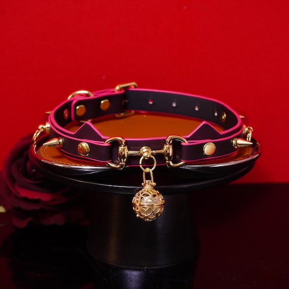 Goth Cat Ear Choker - Color Changing Leather Collar with Glow Bell, LED Punk Necklace