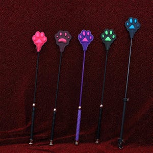 May include: Five long, slender riding crops, each featuring a distinctively shaped paw print topper. The toppers come in vibrant pink, dark purple, bright purple, neon green, and bright blue, attached to thin black shafts with textured handles.