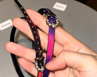 Thermochrome van kleur veranderende chokerketting, paarse tot roze leren choker, zwart tot oranje hittereactieve kraag, gotische esthetische sieraden