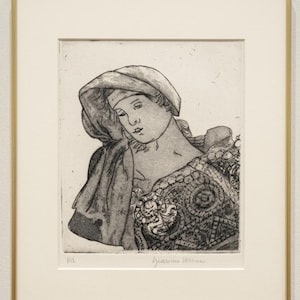 May include: A framed black and white etching depicting a person wearing a head covering and a patterned garment. The artwork is signed Giacomo Verime at the bottom right and marked PA at the bottom left, encased in a thin gold-toned metal frame.