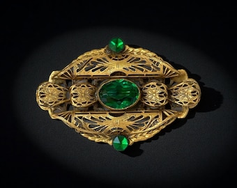 Antique Art Deco Filigree Brooch | 1930s Green Glass & Brass | Vintage Costume Jewelry | Emerald Glass Ornate Brass Pin