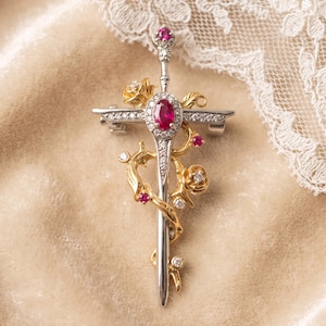 Sword and Rose Brooch, Romantic Gothic Lapel Pin for Groom, Husband or Father, Two-Tone Ruby-Red Wedding Anniversary Gift for Him