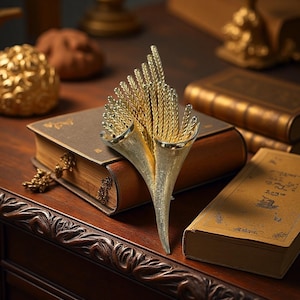 May include: A gold-coloured decorative piece shaped like wheat stalks, placed on a dark wooden surface beside antique books. The wheat stalks are detailed and contrast with the aged appearance of the books. The piece has a unique, elegant design.