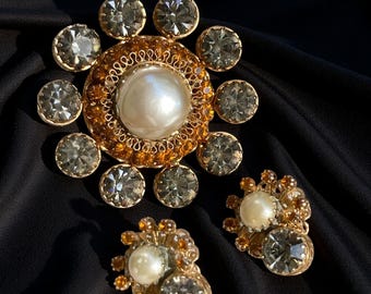 Rare Vendome Brooch  Earrings Set | Book Piece | Vintage Pearl  Rhinestone Clip-On Set | Mid Century Designer Jewelry | Collectible Set