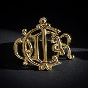 May include: A gold-toned brooch with an ornate design featuring the intertwined letters "D" and "R". The brooch has a pin on the back for attachment. The brooch is on a black surface.