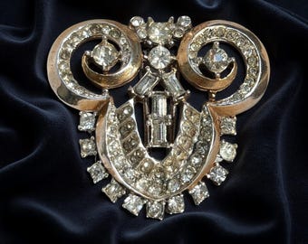1930s Art Deco Sterling Fur Clip | Antique Rhinestone Dress Clip | Signed Sterling Silver | Geometric Deco Brooch | Old Hollywood Glam