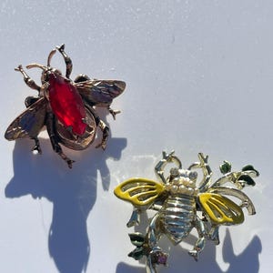 May include: Two insect-themed brooches. One is a bronze-toned beetle with a large red gemstone. The other is a silver-toned bee with yellow wings, green leaves, and a small pink gem. Both are detailed.