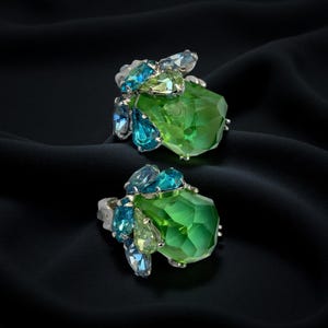 Vintage Signed WEISS Earrings | Rare Gammatic Green & Blue Stones | Clip-On Mid-Century Collectible | 1950s Jewelry