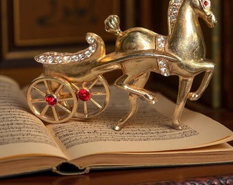 Vintage Horse Carriage Brooch |  Equestrian Jewelry | Gold Tone Rhinestone Figural Pin | Whimsical Holiday Gift for Her | 1930s Retro Glam