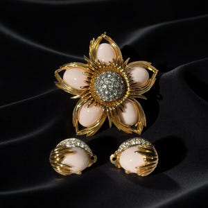 Vintage Jomaz Brooch & Joseph Mazer Earrings Set | Pink Glass Rhinestone Floral Design | Signed Jomaz | Rare 1950s Designer Jewelry