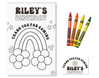 Daisy Birthday Party Coloring Page Favor | Retro Rainbow Packs | Smiley Custom Color Page Kit