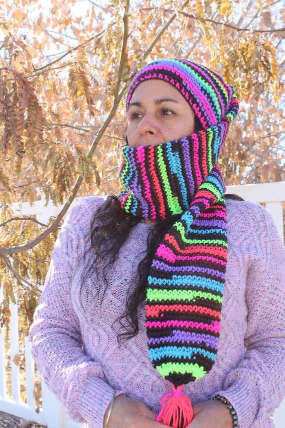 Neon Striped Knit Stocking Hat • Cozy Winter Beanie - Etsy display picture 3