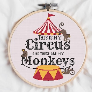 This Is My Circus Cross Stitch Pattern – Funny Quote PDF | Circus Monkeys Cross Stitch Design