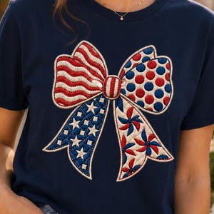 Quilted Patchwork Bow Shirt Printed Applique Style | Coquette 4th of July Tee | America 250 Womens Comfort Colors Ivory Independence Day