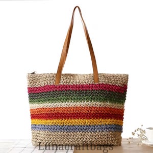 Colorful Woven Straw Tote Bag Handmade Paper Straw Beach Bag Boho Woven Summer Bag