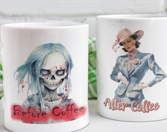 Before Coffee Zombie After Coffee Dior Queen, Zombie Humor, gift for her, White Ceramic Mug 11oz