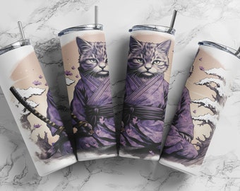 Purple Samurai Warrior Cat 20oz Tumbler Designs, Galaxy 9.3 x 8.2 Straight Skinny Tumbler Wrap PNG, Sublimation Design PNG