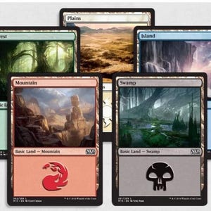May include: A collection of Magic: The Gathering trading cards featuring various landscapes. The cards include "Forest," "Plains," "Island," "Mountain," and "Swamp." Each card has a unique illustration and the text "Basic Land."