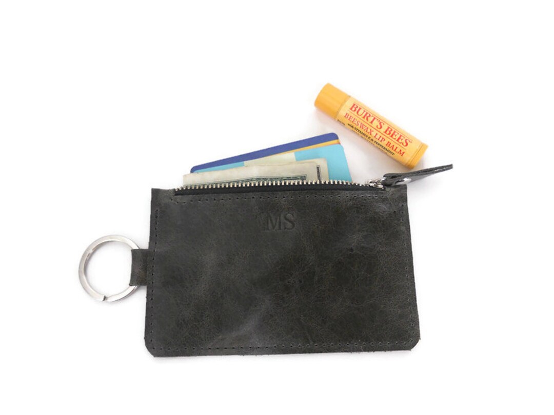 Leather ID Keychain Wallet With Zipper, Personalized Minimalist Wallet