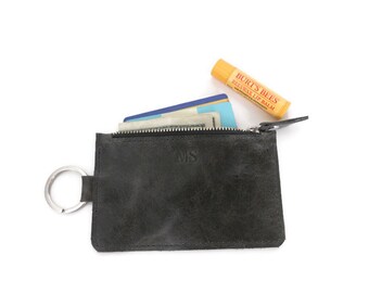 Leather ID Keychain Wallet with Zipper, Personalized Minimalist Wallet, Badge Holder, Coin Pouch Purse, Made in USA