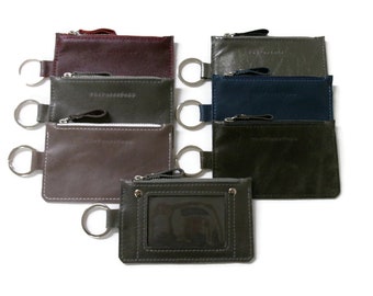 Ready to Ship Leather ID Keychain Wallet with Zipper, Card Holder Minimalist Wallet, Badge Holder, Coin Pouch Purse, Made in USA