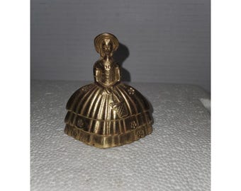 Antique Cast Bronze Brass Figure Dinner Bell Lady Woman Dress Hat Flower Basket