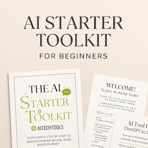 May include: A collection of white paper documents with text about AI tools and a starter toolkit for beginners. The main document has the title "THE AI STARTER TOOLKIT" in green and black text. Other documents include "WELCOME!" and information on ChatGPT.